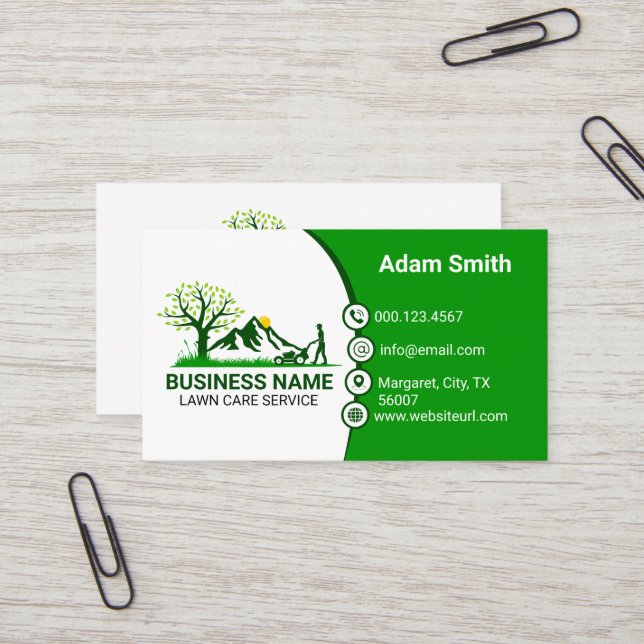 Professional Lawn Care Green & Fresh Yard Work Business Card (Front/Back In Situ)