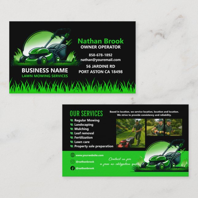 Professional Lawn Care Landscaping Green Black Business Card (Front/Back)