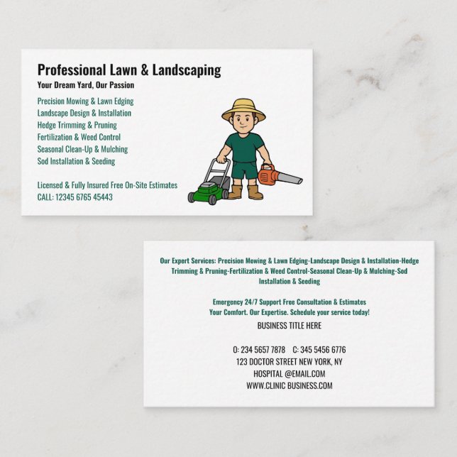 Professional Lawn Care & Landscaping Service Business Card (Front/Back)