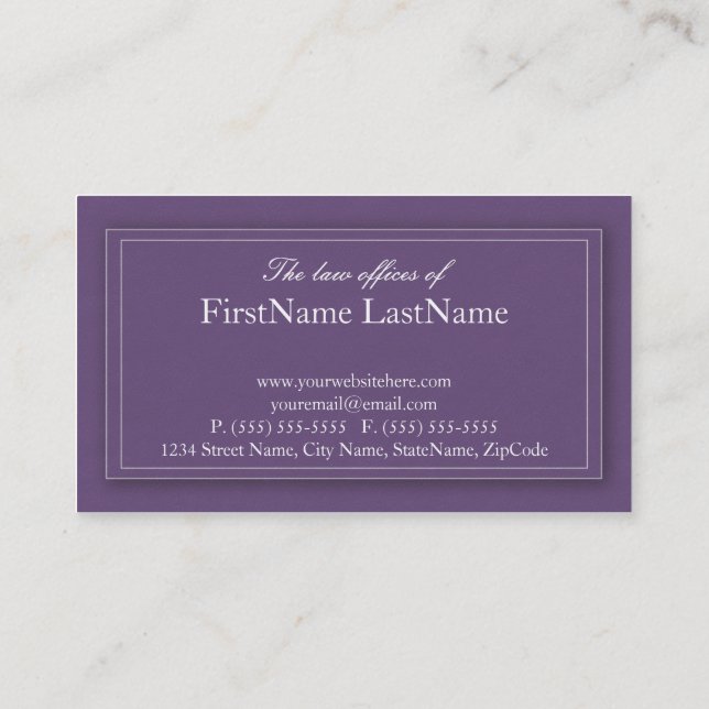 Professional Lawyer Business Cards in Purple (Back)