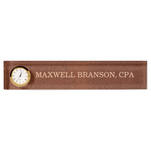 Professional Leather Brown Name Title Clock Nameplate