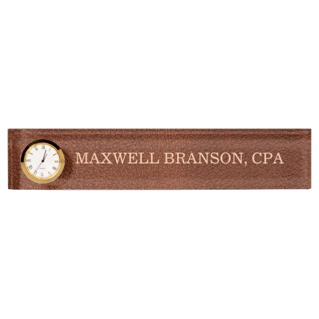 Professional  Leather Brown Name Title Clock Nameplate (Front)