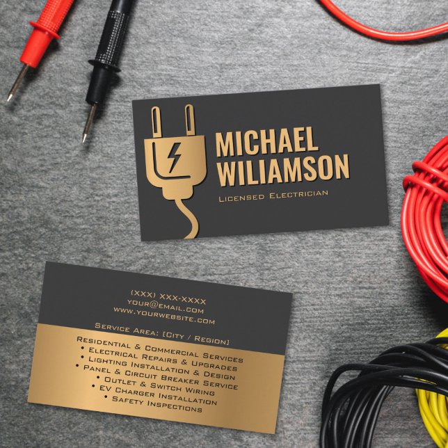 Professional Licensed Electrician Electrical Work Business Card (Electrician services business card with black and gold color scheme, contact details and service lis)