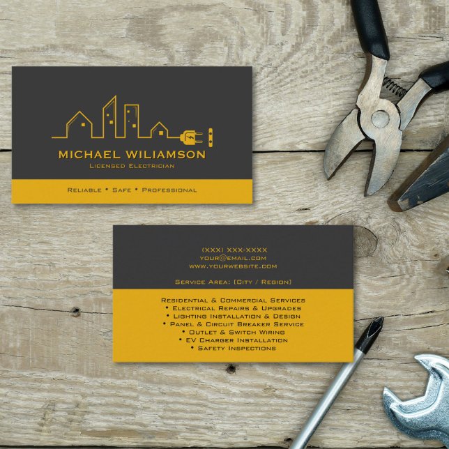 Professional Licensed Electrician Electrical Work Business Card (Electrician services business card with black and gold color scheme, contact details and service lis)