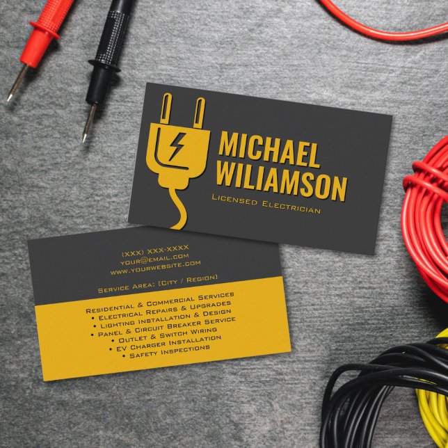 Professional Licensed Electrician Electrical Work Business Card (Business card design for electrician featuring lightning icon and professional aesthetic)