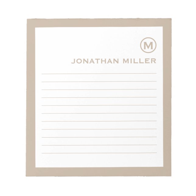 Professional Lined Beige White Monogram Notepad (Front)