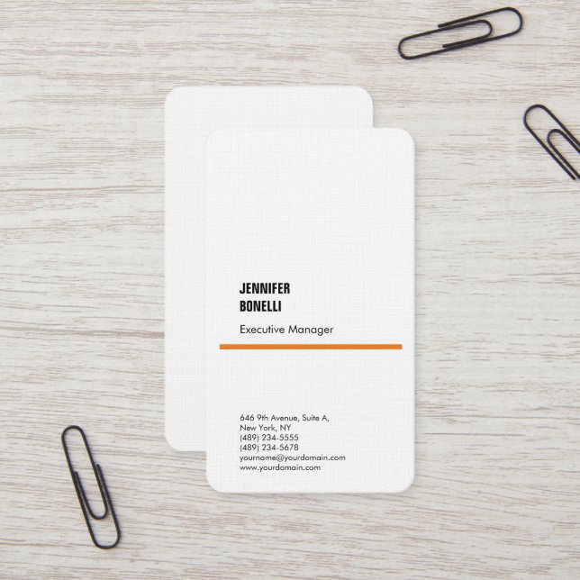 Professional linen minimalist modern orange white business card (Front/Back In Situ)