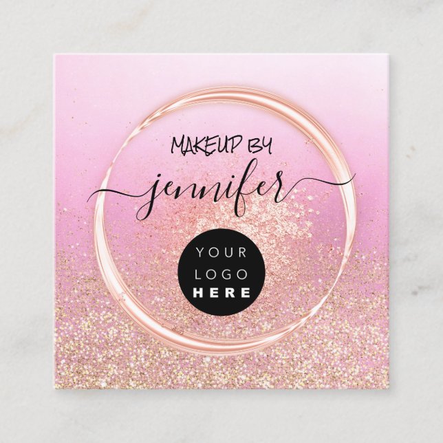 Professional Logo Makeup Artist Rose Pink Glitter Square Business Card (Front)