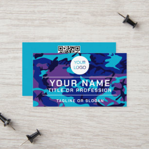Professional Logo Name QR Code Blue & Purple Camo Calling Card