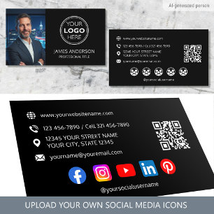 Professional Logo Photo Social Media QR Code Black Business Card