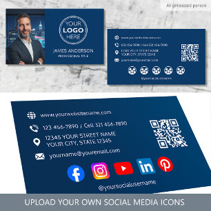 Professional Logo Photo Social Media QR Code Navy Business Card