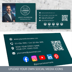 Professional Logo Photo Social Media QR Code Teal Business Card
