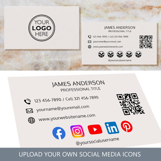 Professional Logo Social Media QR Code Off-White Business Card (Creator Uploaded)