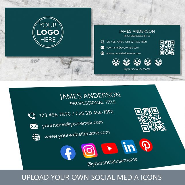 Professional Logo Social Media QR Code Teal Business Card (Creator Uploaded)