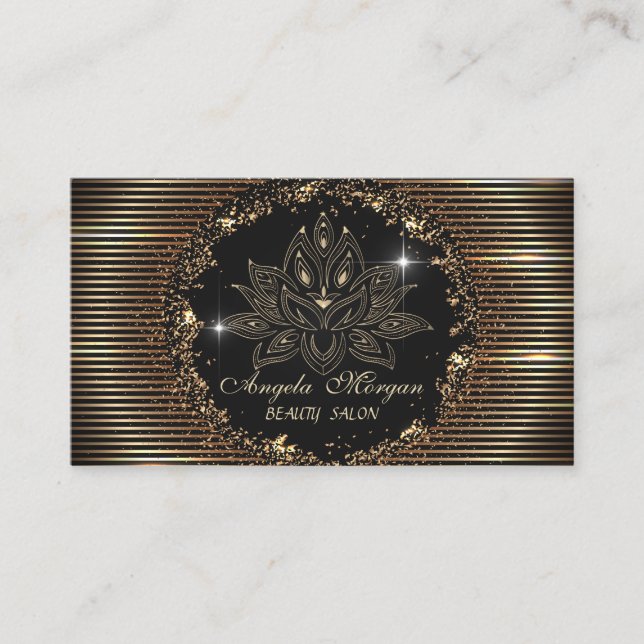 Professional Lotus Flower Gold Stripes Black Business Card (Front)