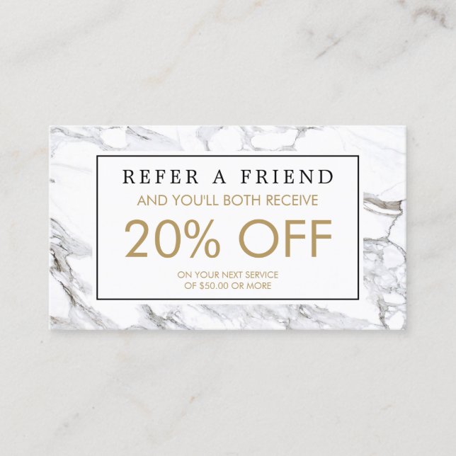 Professional Luxe Minimalist White Marble Referral Business Card (Front)