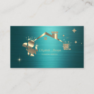 Professional Maid Cleaning House Green Metallic Business Card
