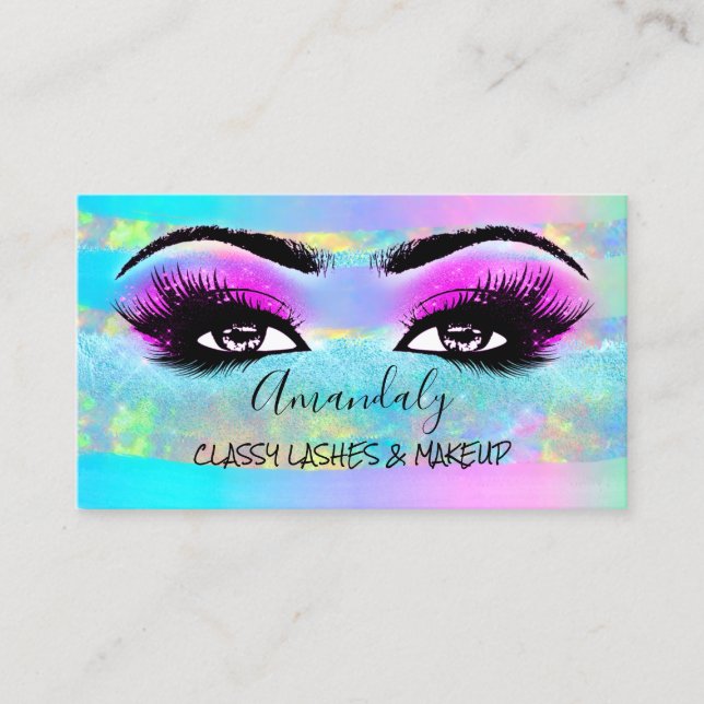 Professional Makeup Artist Eyelash Logo Pink Holo Business Card (Front)