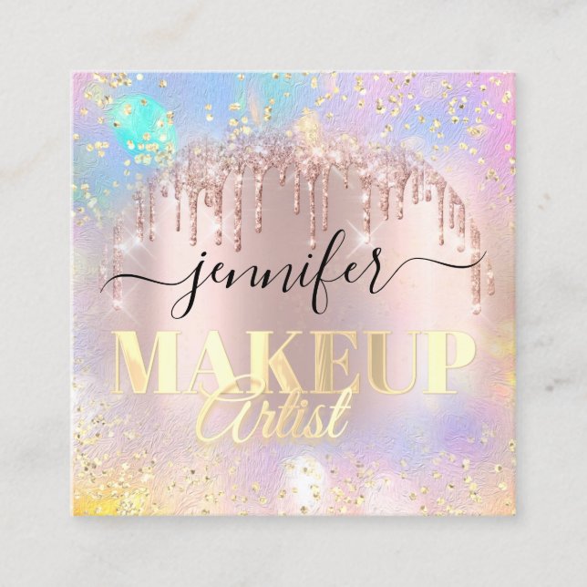 Professional Makeup Artist Gold Rose Holograph  Square Business Card (Front)