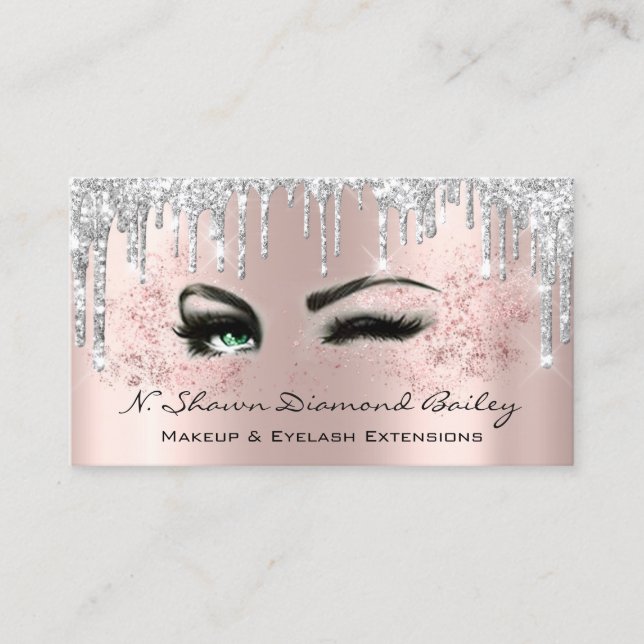 Professional Makeup Artist Green Eyes Silver Rose Business Card (Front)