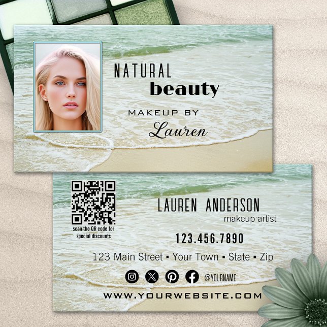Professional Makeup Beach Beauty QR Code Business Card (Business card featuring an image of a beach with your custom photo, QR code and social media)
