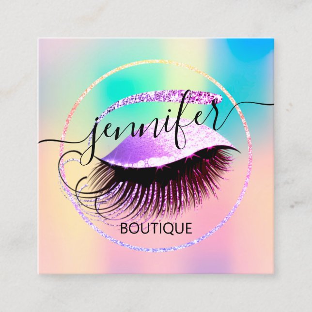 Professional Makeup Lash QR Code Holograph Pink Square Business Card (Front)