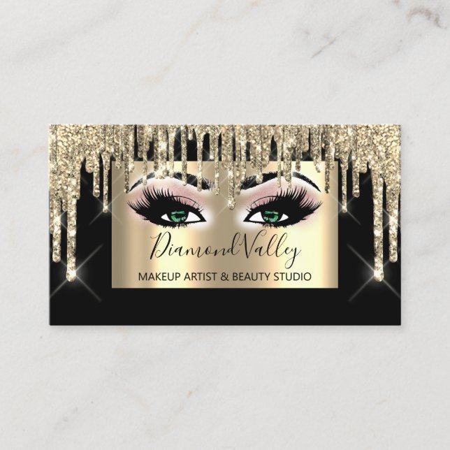 Professional Makeup Lashes Glitter Gold Green Eyes Business Card (Front)