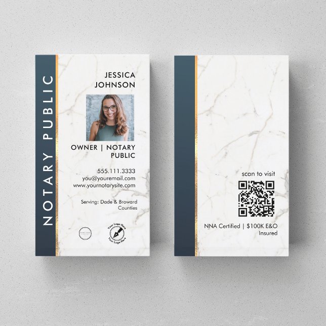 Professional Marble Blue & Gold Notary Photo QR Business Card (Creator Uploaded)