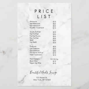 Professional Marble Nail Salon Price List Menu