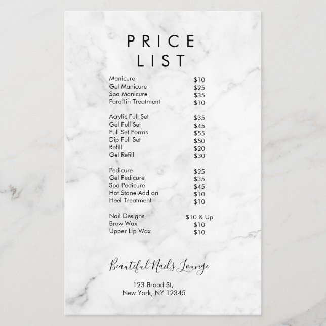 Professional Marble Nail Salon Price List Menu (Front)