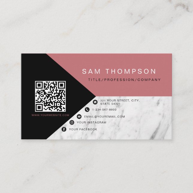Professional Marble Pink QR Code Modern Business  Calling Card (Front)
