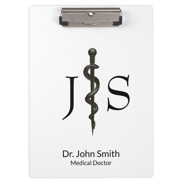 Professional Medical Asclepius Simple Black White Clipboard (Front)