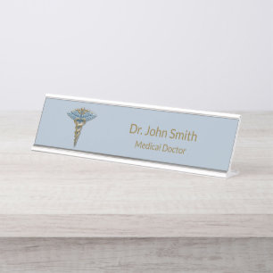 Professional Medical Fine Light Blue Gold Caduceus Desk Name Plate