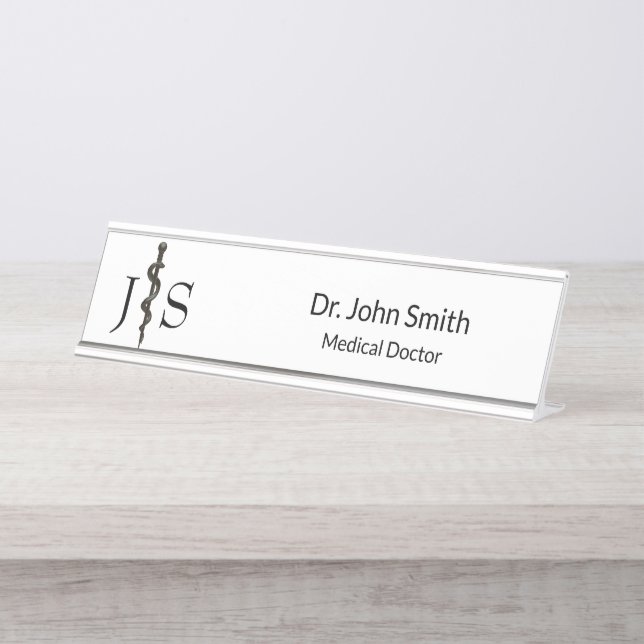 Professional Medical Simple Asclepius Black White Desk Name Plate (Front)