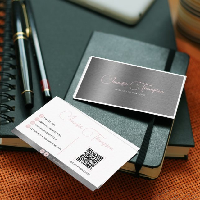 Professional Metallic Brushed Pink Script QR Code Business Card (Creator Uploaded)