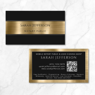 Professional Metallic Gold Black QR Notary Public Business Card