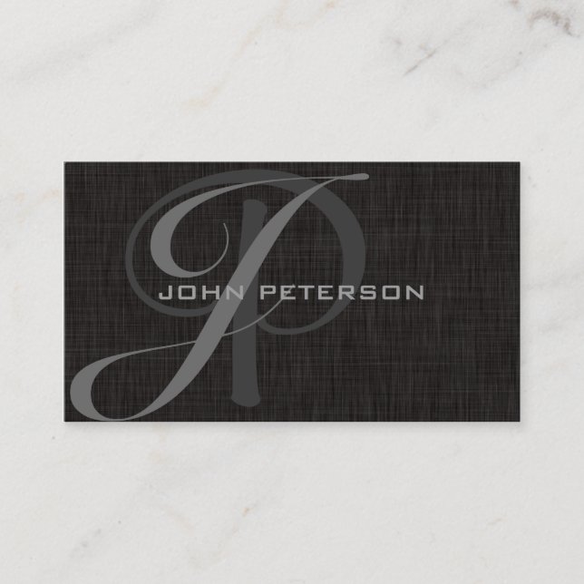 Professional Minimal BLACK Linen- MONOGRAMS Business Card (Front)