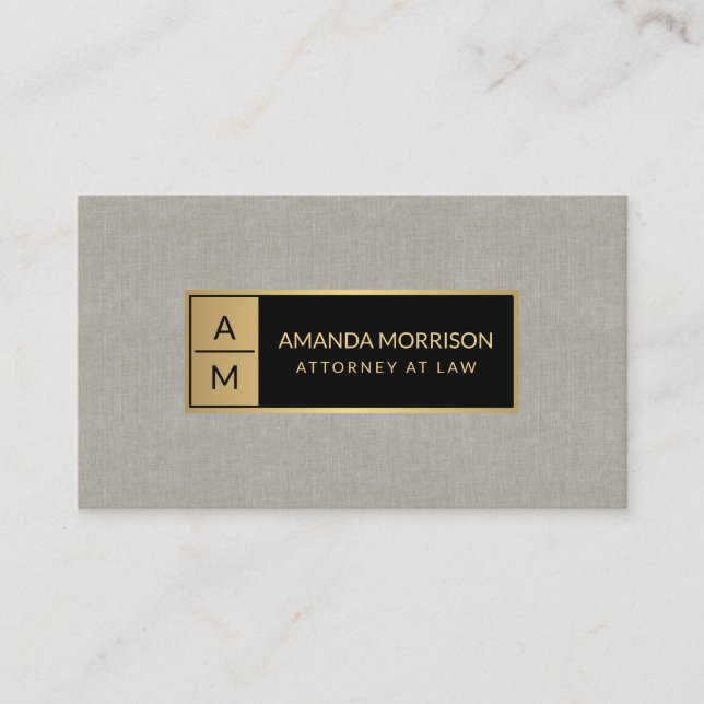 Professional Minimal Monogram Gold/Tan Linen Business Card (Front)