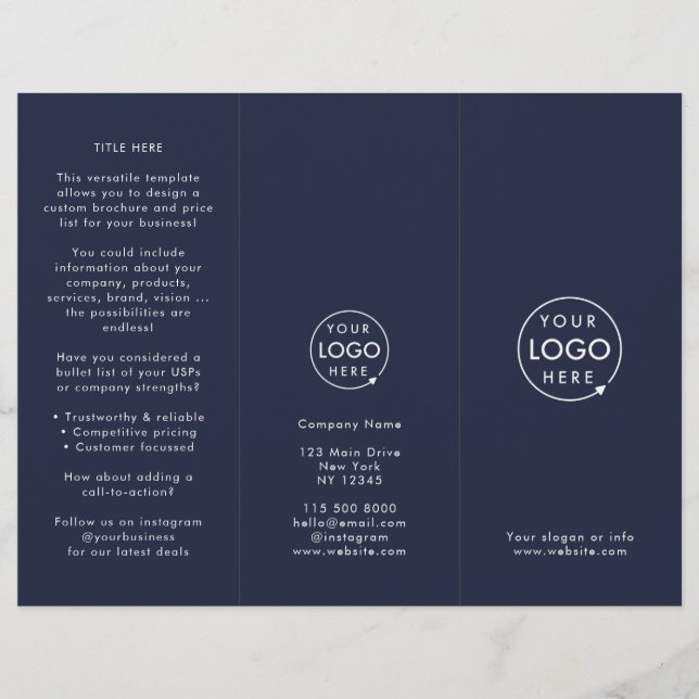 Professional Minimal Navy Blue Tri-fold Brochure (Front)