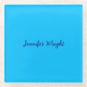 Professional minimalist handwriting sky blue glass coaster