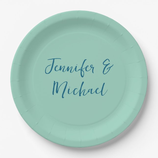 Professional minimalist light teal calligraphy paper plate (Front)