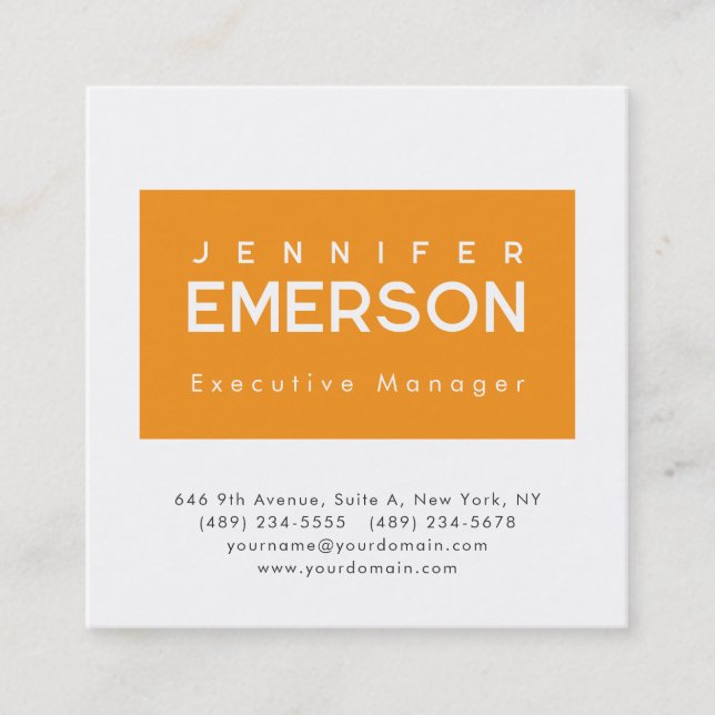 Professional minimalist modern plain orange white square business card (Front)