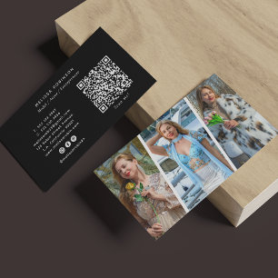 Professional Model 3 Photo Collage QR Code Black Business Card