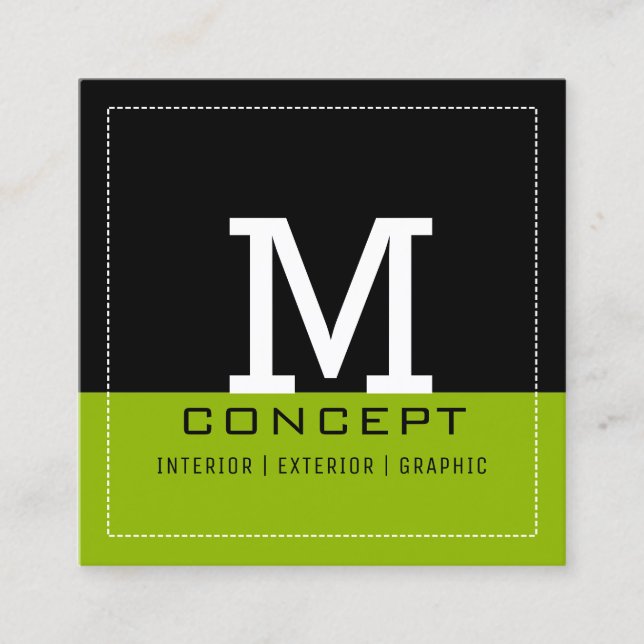 Professional Modern Black Apple Green Monogram Square Business Card (Front)