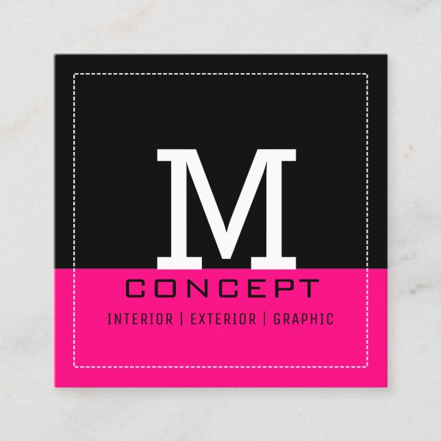 Professional Modern Black Bright Pink Monogram Square Business Card (Front)