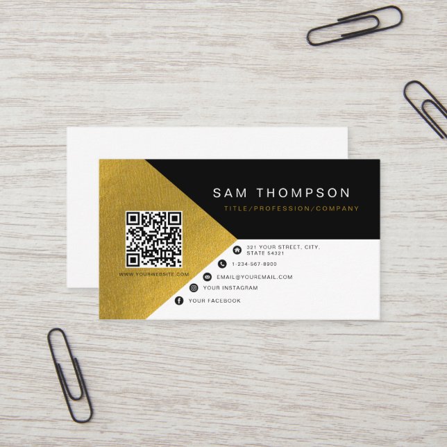 Professional Modern Black Gold Foil QR Code  Business Card (Front/Back In Situ)