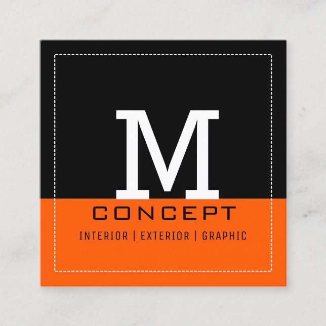 Professional Modern Black Orange Monogram Square Business Card (Front)