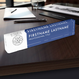 Professional, Modern Blue White Logo, Name, Title Nameplate