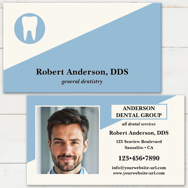 Professional Modern Dental Clinic Dentist  Business Card (Elegant dentist or dental clinic business card with logo and custom photo on light blue with ivory)
