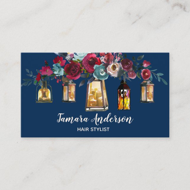 Professional Modern Floral Hairstylist Burgundy Business Card (Front)